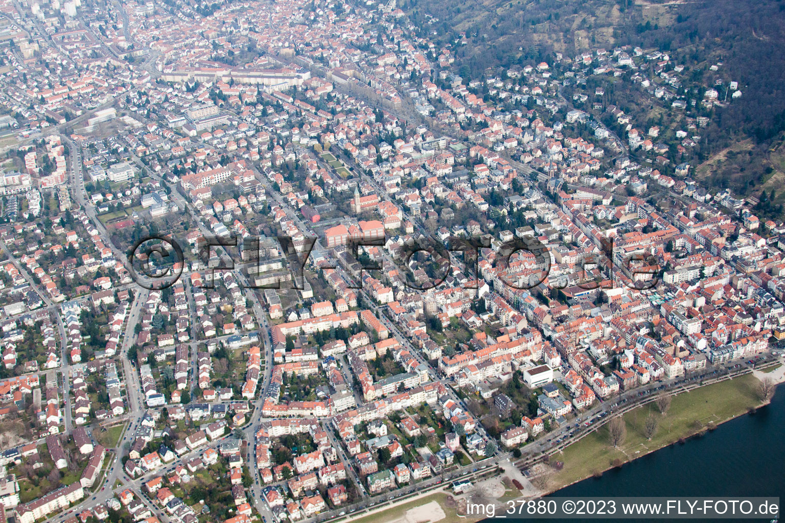 Oblique view of District Neuenheim in Heidelberg in the state Baden-Wuerttemberg, Germany