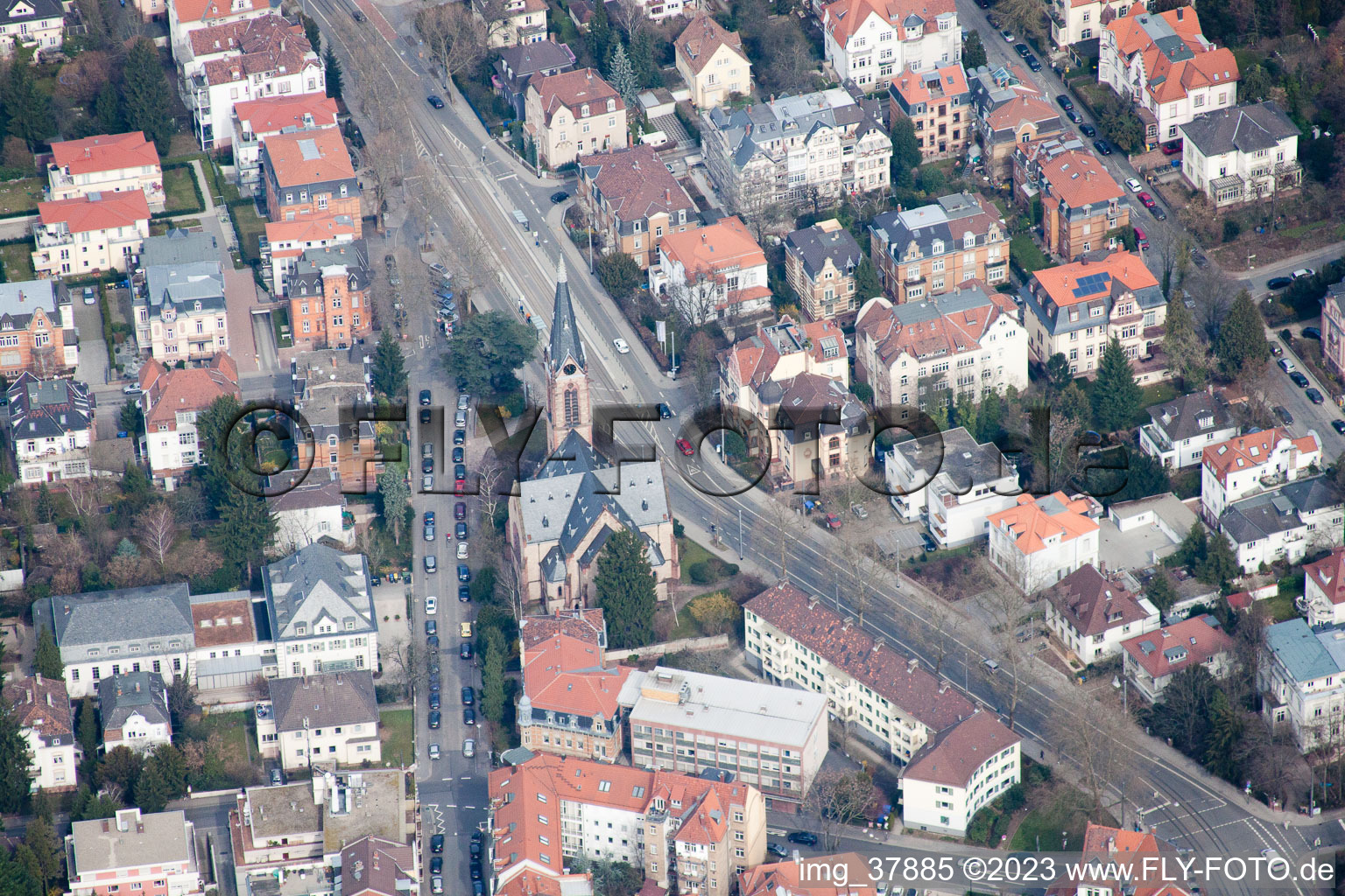 Aerial view of John's Church in the district Neuenheim in Heidelberg in the state Baden-Wuerttemberg, Germany