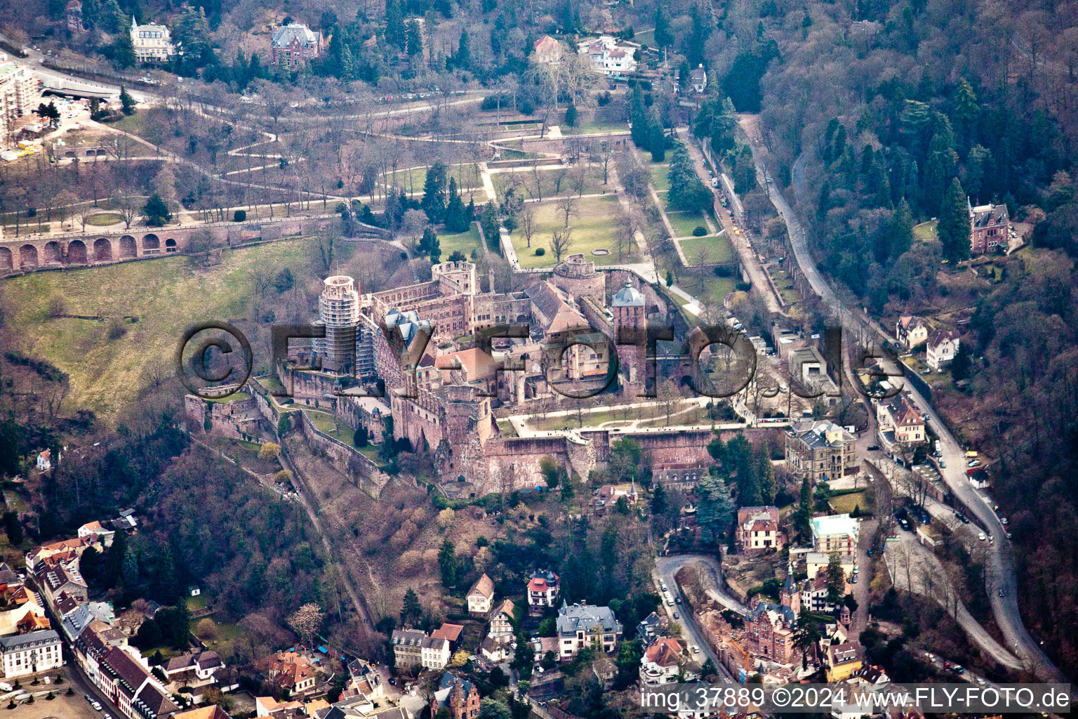 Building complex and the park of the castle Heidelberger Schloss in Heidelberg in the state Baden-Wurttemberg