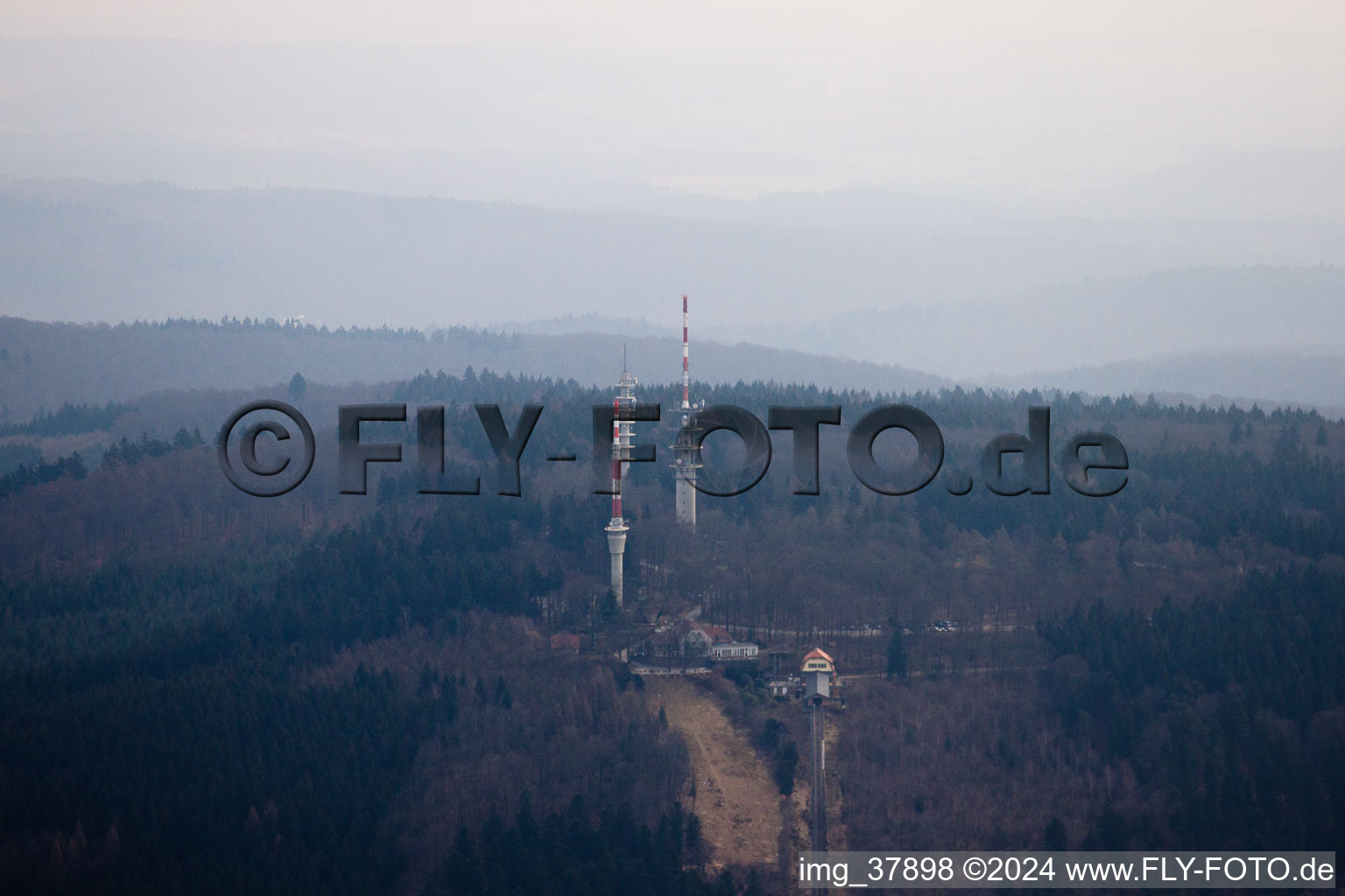 Oblique view of Transmission towers in the district Königstuhl in Heidelberg in the state Baden-Wuerttemberg, Germany