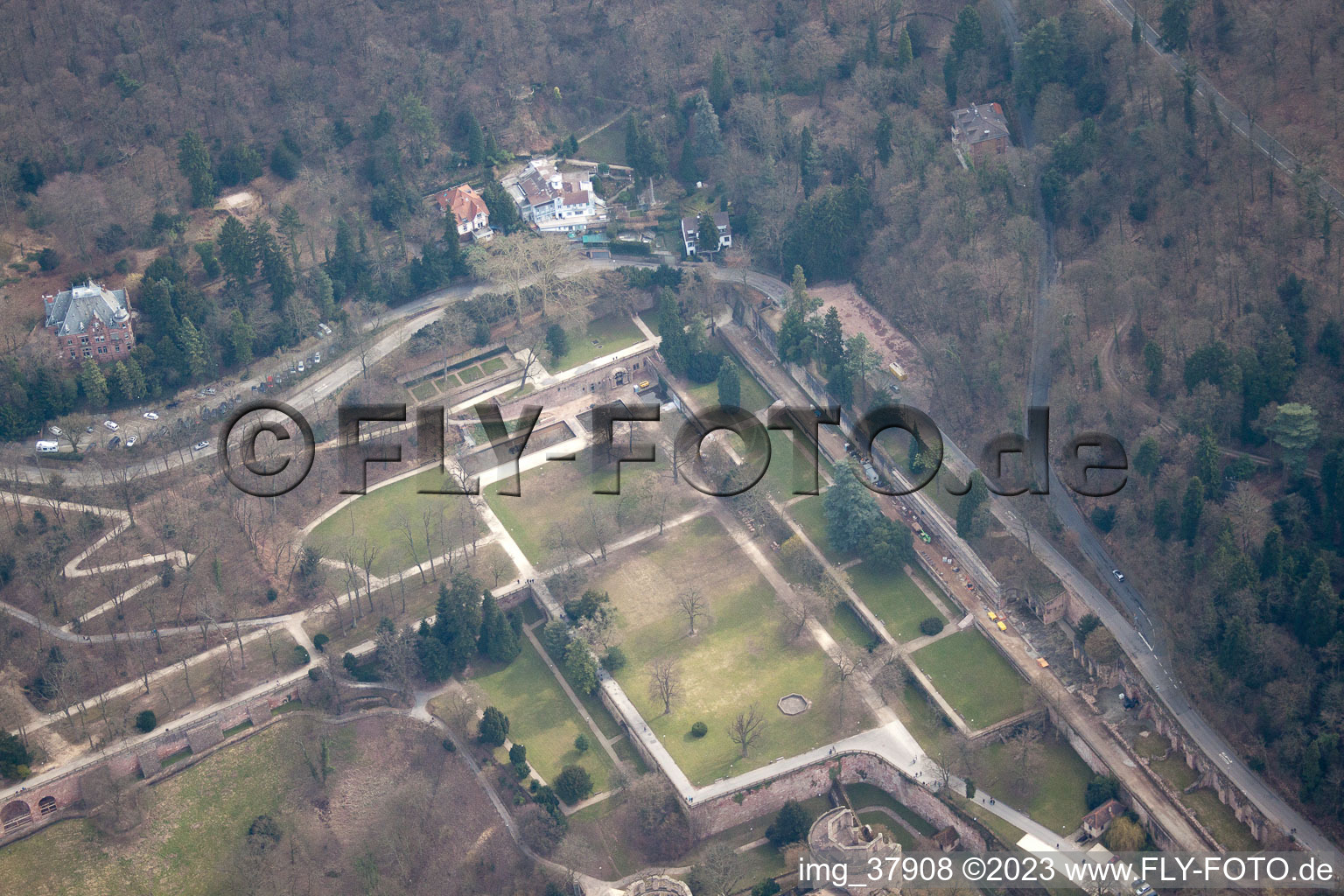 Aerial view of Castle Garden in the district Kernaltstadt in Heidelberg in the state Baden-Wuerttemberg, Germany