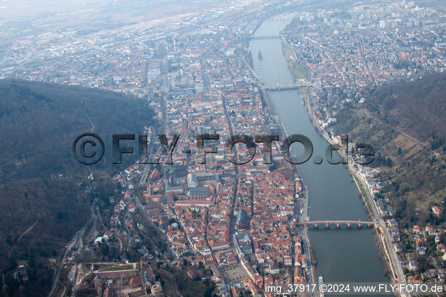 Aerial view of Old Town in the district Kernaltstadt in Heidelberg in the state Baden-Wuerttemberg, Germany