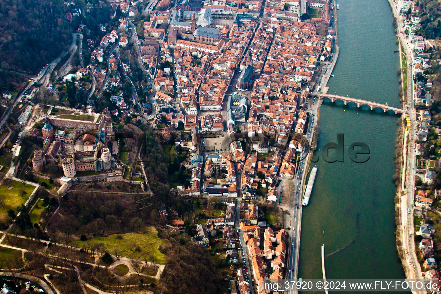 Old Town area of Heidelberg in the state Baden-Wurttemberg. In the picture as well the old ruins of the castle