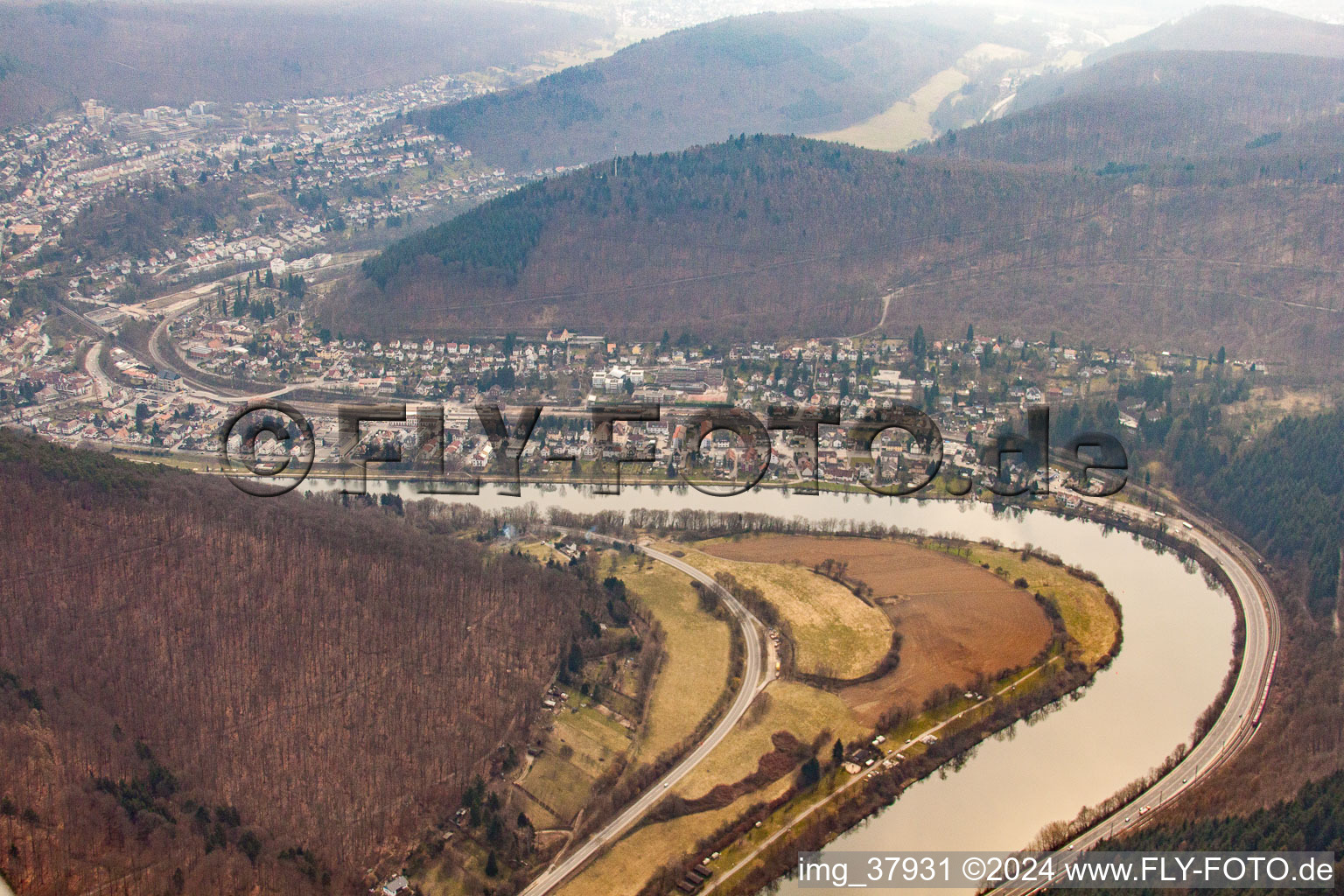 Aerial view of Neckar bend in Neckargemünd in the state Baden-Wuerttemberg, Germany