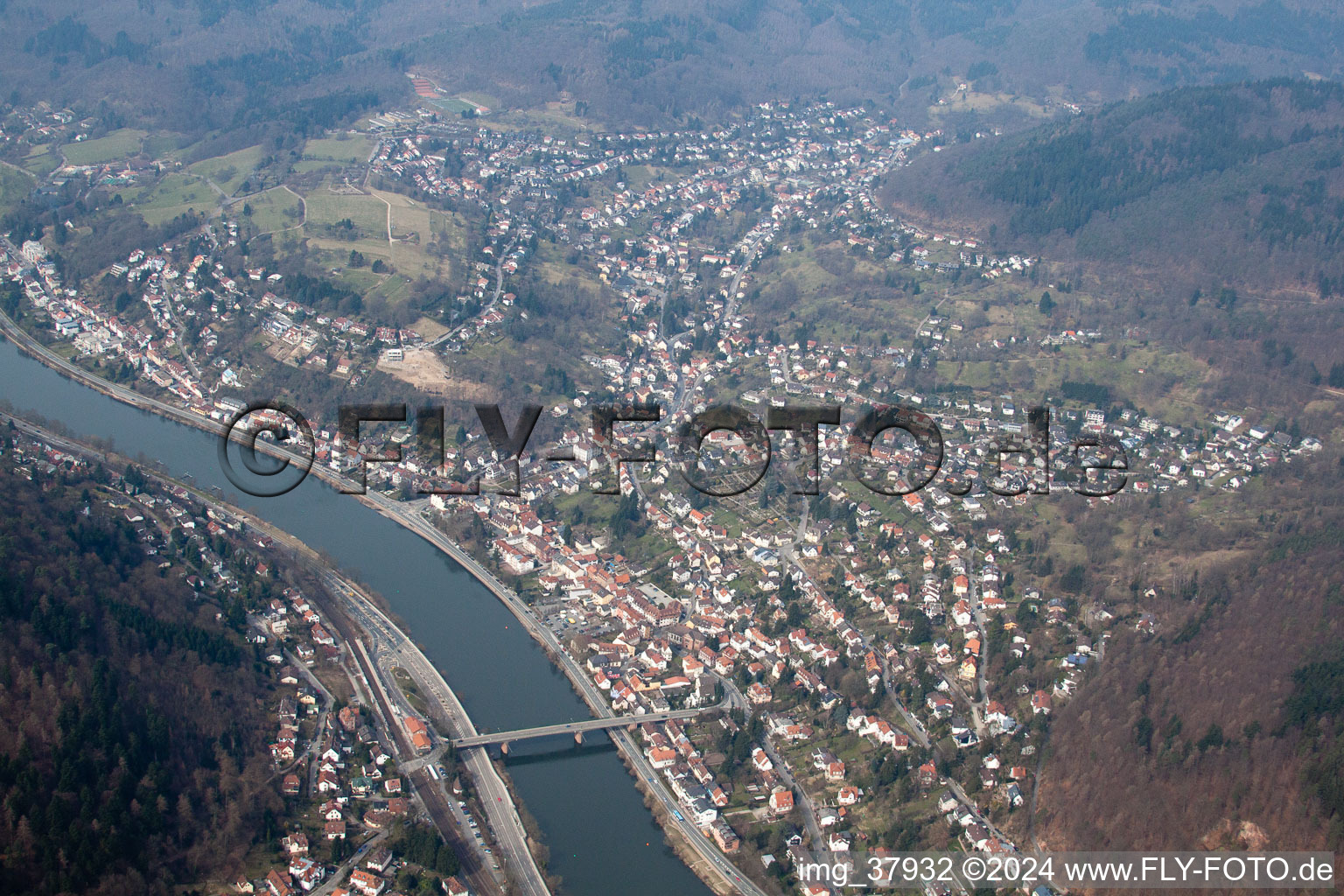 Oblique view of District Ziegelhausen in Heidelberg in the state Baden-Wuerttemberg, Germany