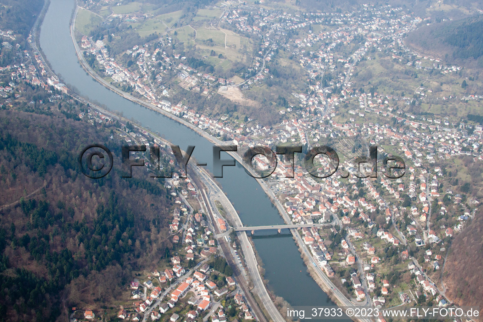 District Ziegelhausen in Heidelberg in the state Baden-Wuerttemberg, Germany from above