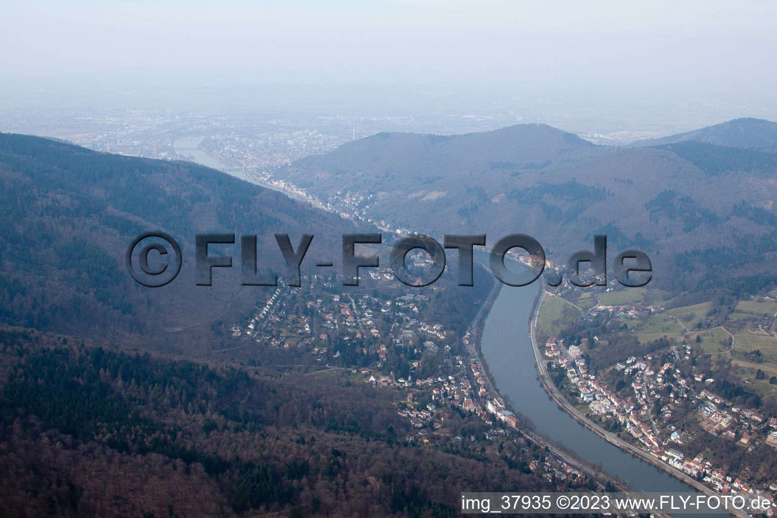 District Ziegelhausen in Heidelberg in the state Baden-Wuerttemberg, Germany seen from above