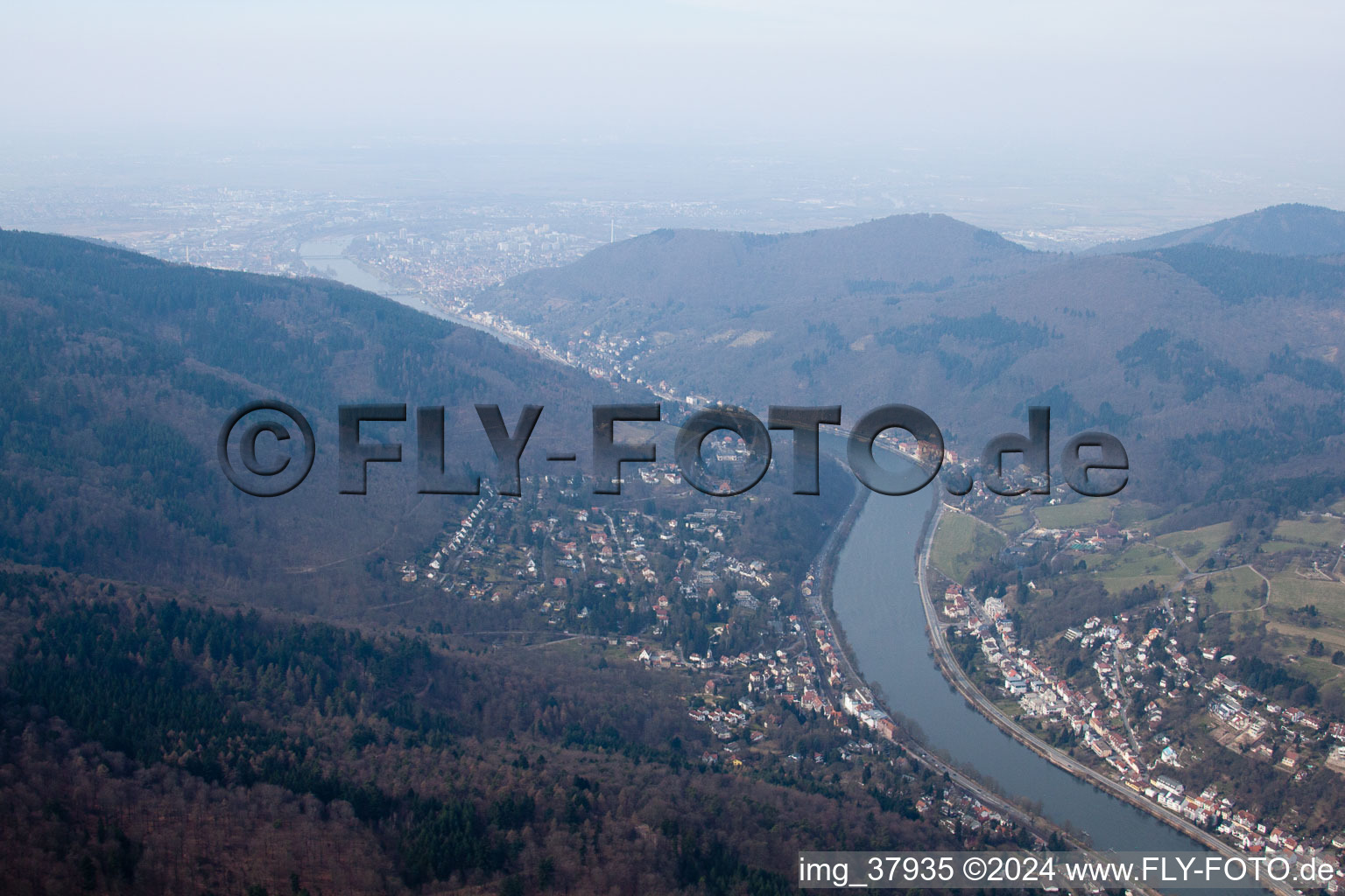 District Ziegelhausen in Heidelberg in the state Baden-Wuerttemberg, Germany seen from above