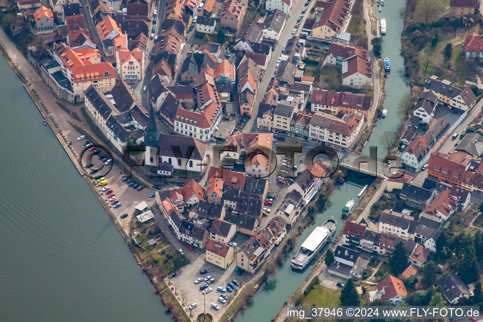 Mouth of the Elsenz into the Neckar in Neckargemünd in the state Baden-Wuerttemberg, Germany