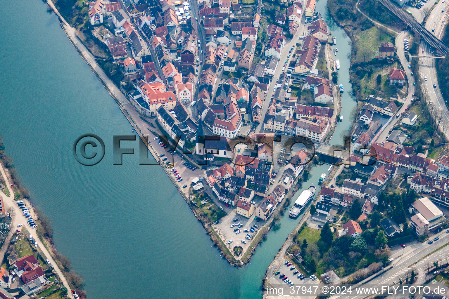 Aerial view of Mouth of the Elsenz into the Neckar in Neckargemünd in the state Baden-Wuerttemberg, Germany