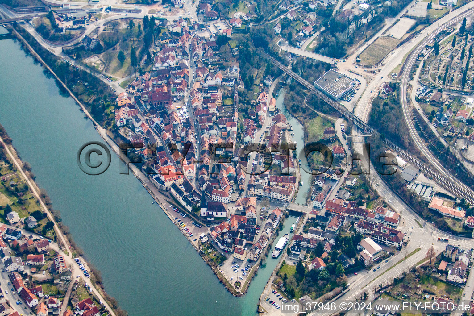 Aerial photograpy of Mouth of the Elsenz into the Neckar in Neckargemünd in the state Baden-Wuerttemberg, Germany