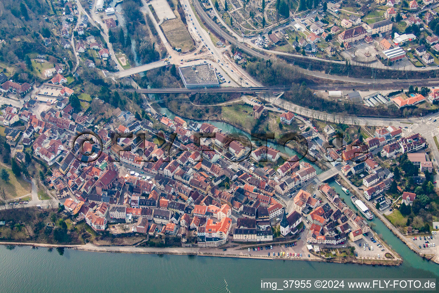 Aerial view of Old Town in Neckargemünd in the state Baden-Wuerttemberg, Germany