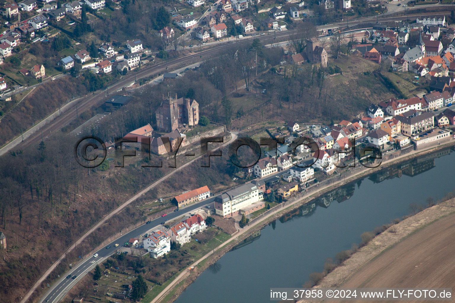 Aerial view of Middle castle from 1165 in Neckarsteinach in the state Hesse, Germany