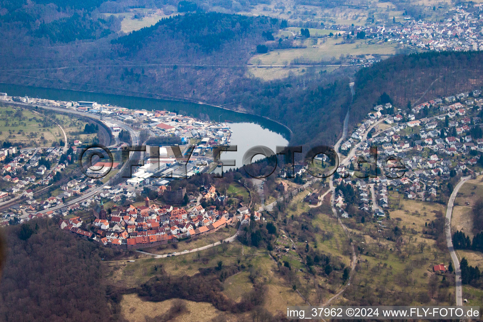 Aerial view of From the west in the district Dilsberg in Neckargemünd in the state Baden-Wuerttemberg, Germany