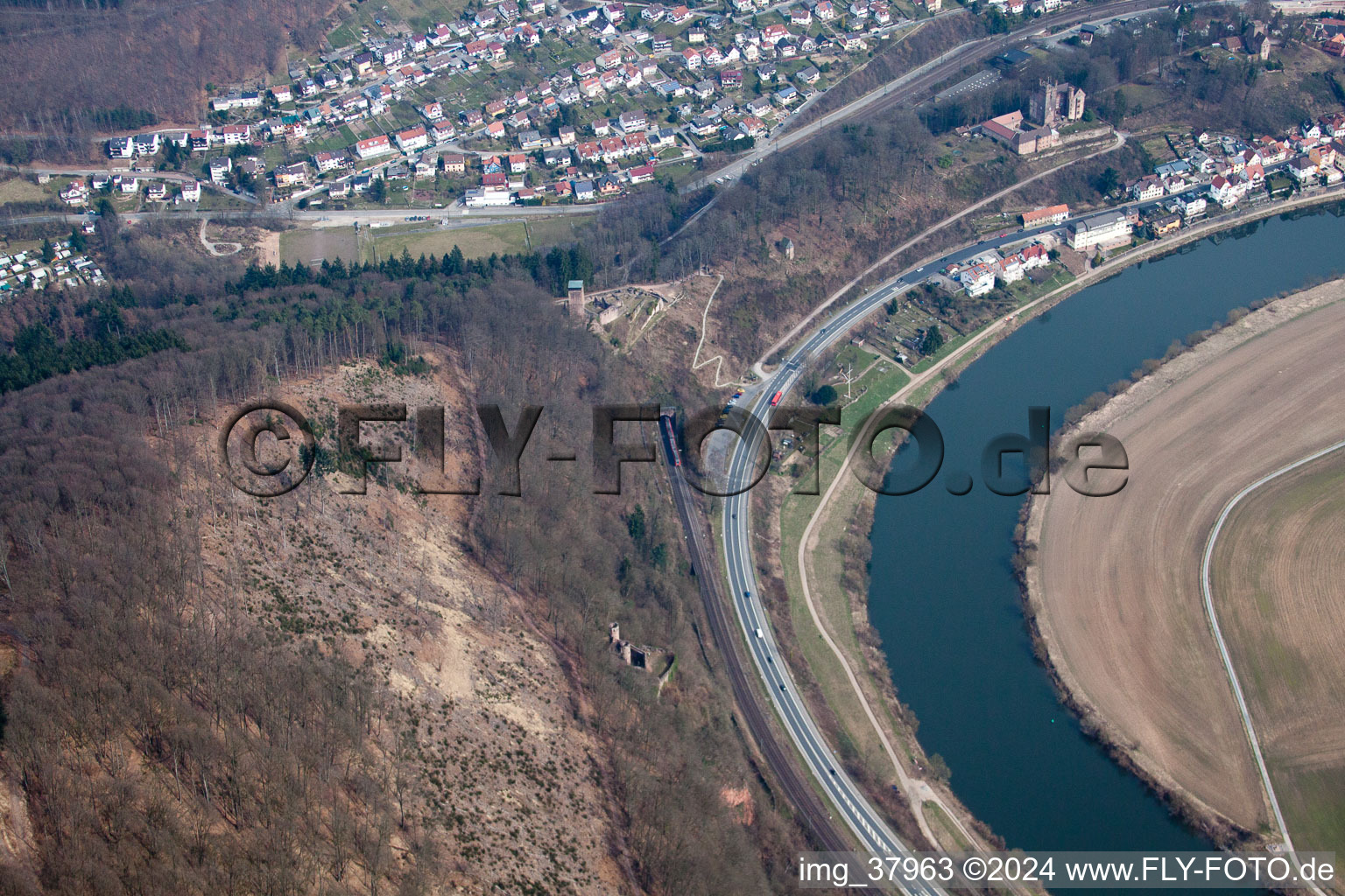 Aerial photograpy of Middle castle from 1165 in Neckarsteinach in the state Hesse, Germany