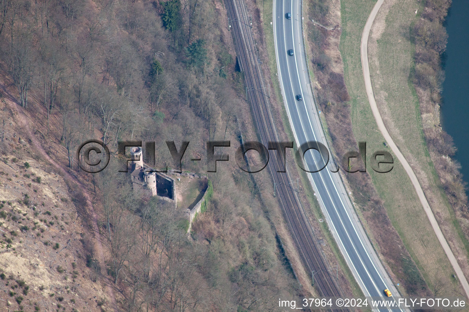 Aerial view of Swallow's Nest in Neckarsteinach in the state Hesse, Germany