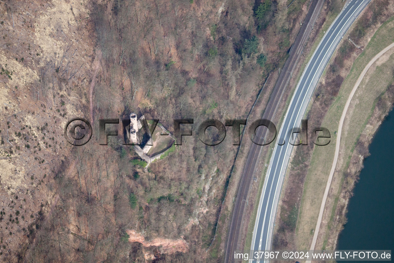 Aerial photograpy of Swallow's Nest in Neckarsteinach in the state Hesse, Germany