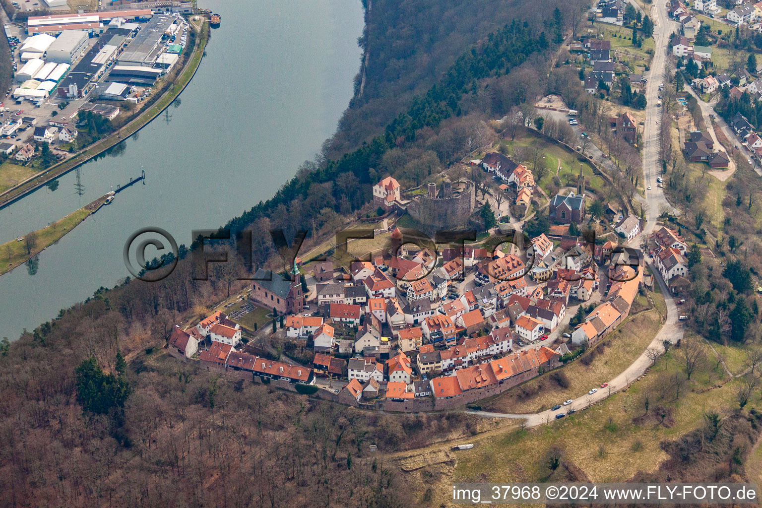 Aerial photograpy of Ruins and vestiges of the former castle and fortress Dilsberg in the district Dilsberg in Neckargemuend in the state Baden-Wurttemberg