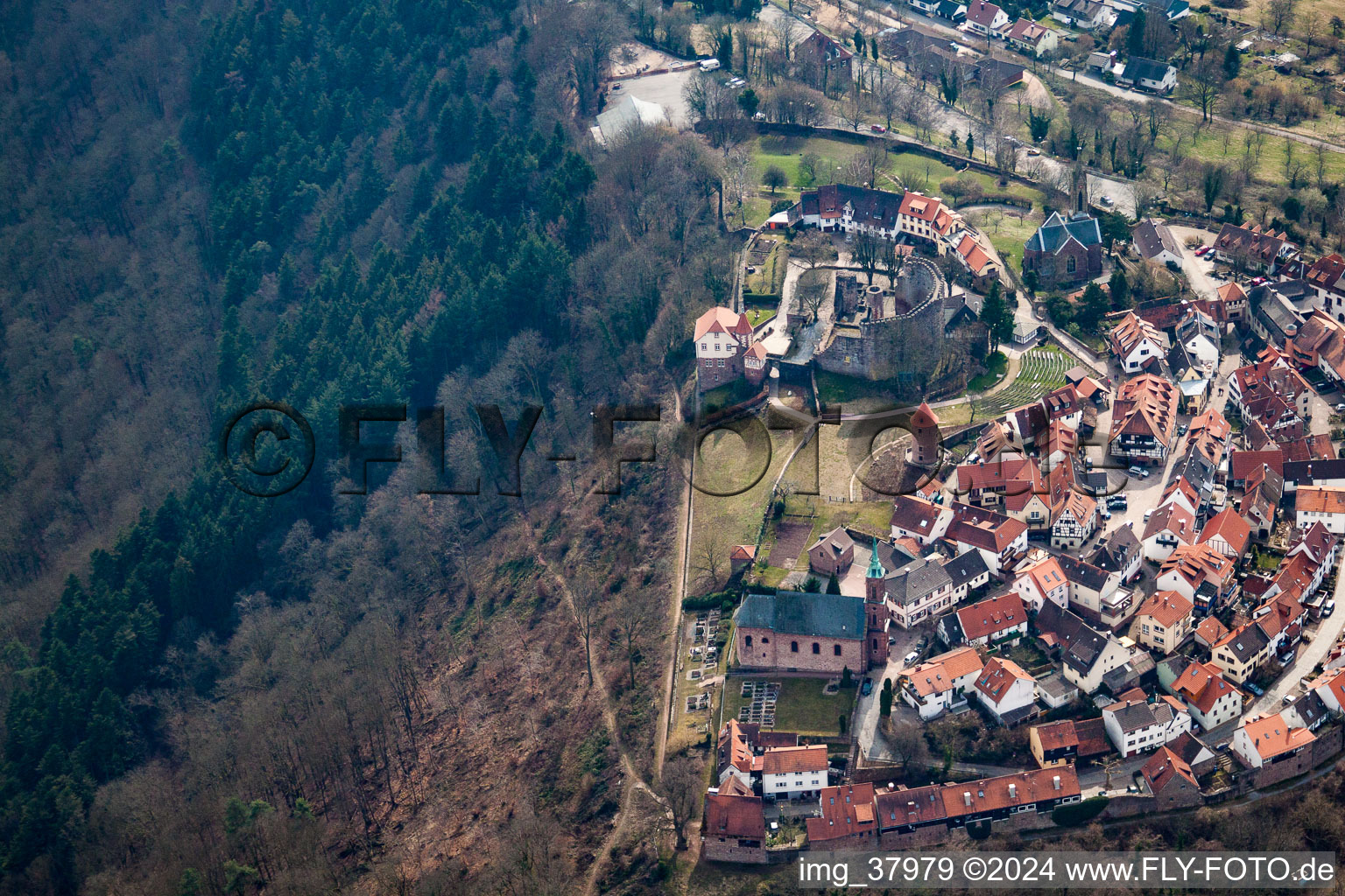 Castle fortress and church in the district Dilsberg in Neckargemünd in the state Baden-Wuerttemberg, Germany