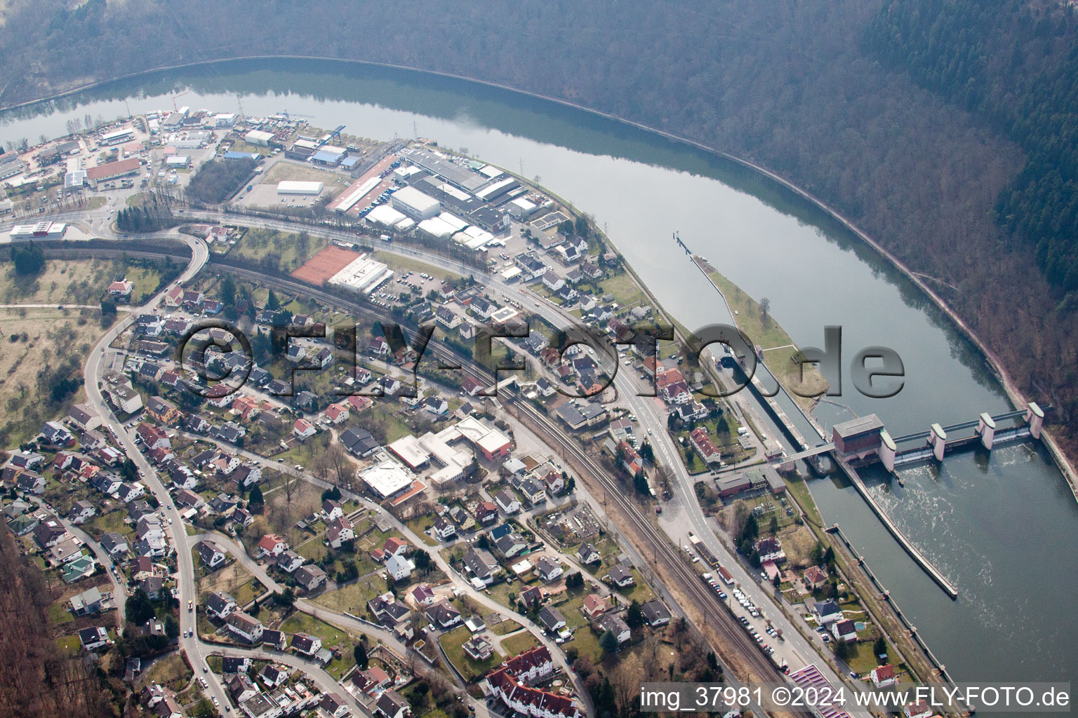 Oblique view of Neckarsteinach in the state Hesse, Germany