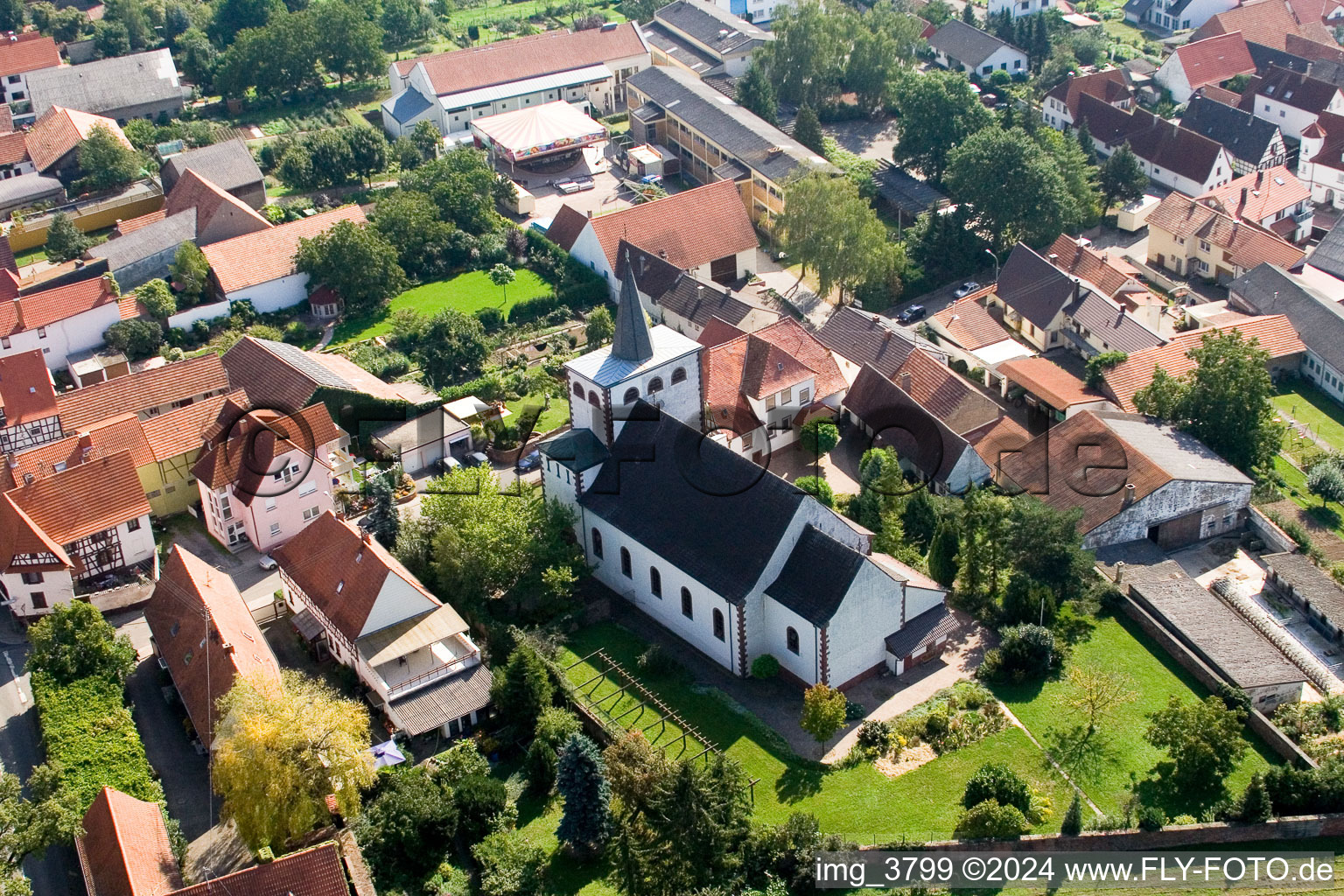 Aerial view of Catholic Church in Minfeld in the state Rhineland-Palatinate, Germany