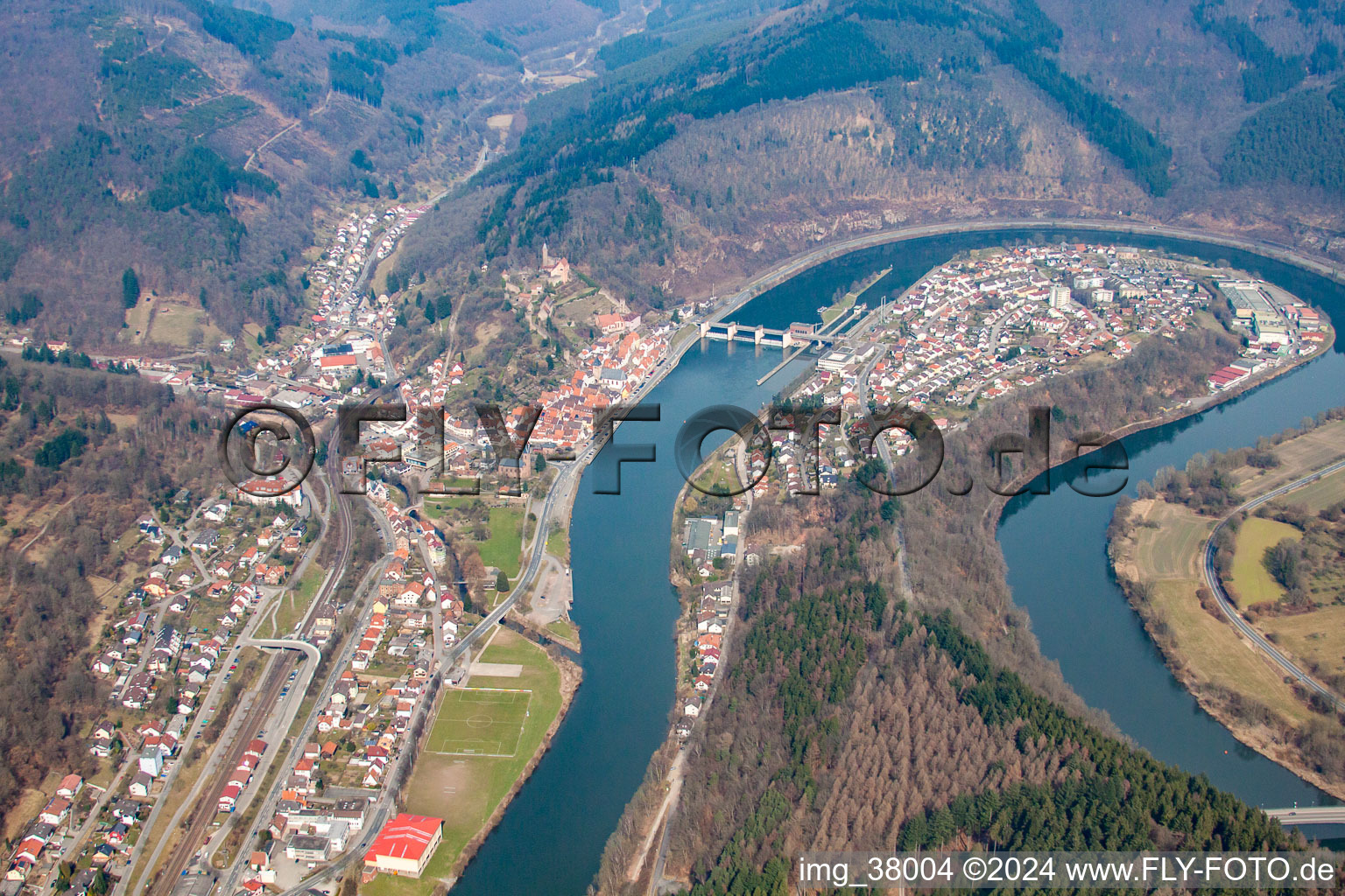 Aerial view of In the Neckar loop in the district Ersheim in Hirschhorn in the state Hesse, Germany