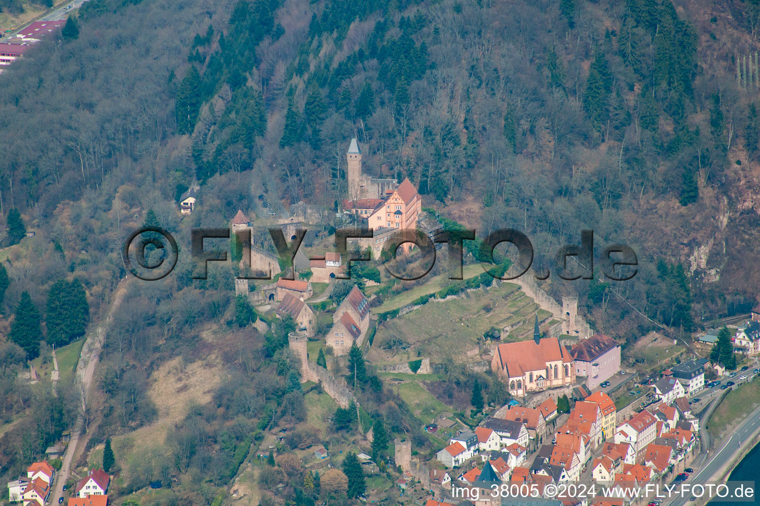 Aerial view of Castle Hirschhorn in Hirschhorn in the state Hesse, Germany