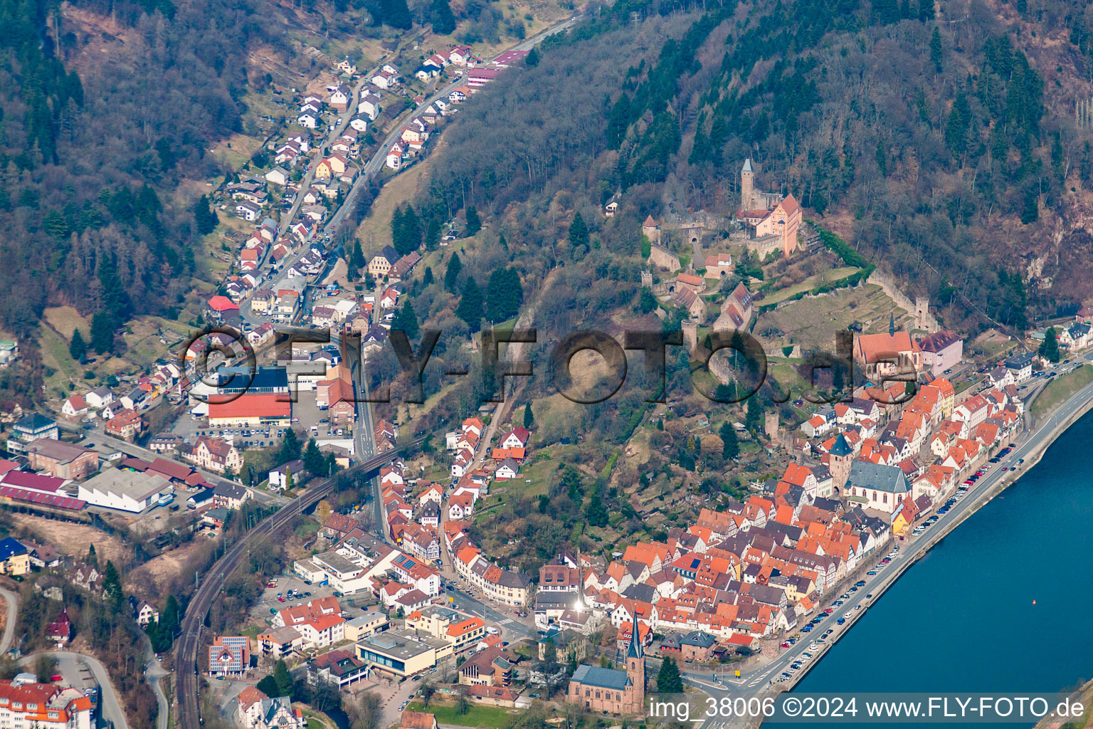 Aerial photograpy of Castle Hirschhorn in Hirschhorn in the state Hesse, Germany