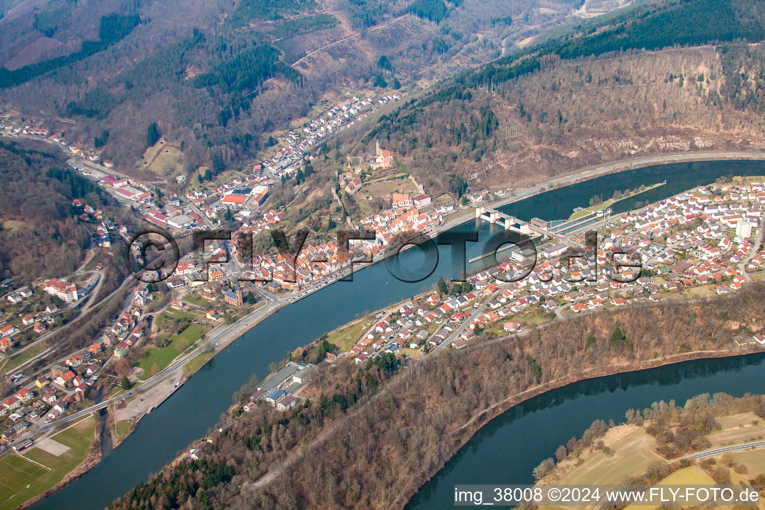 Aerial view of In the Neckar loop in Hirschhorn in the state Hesse, Germany