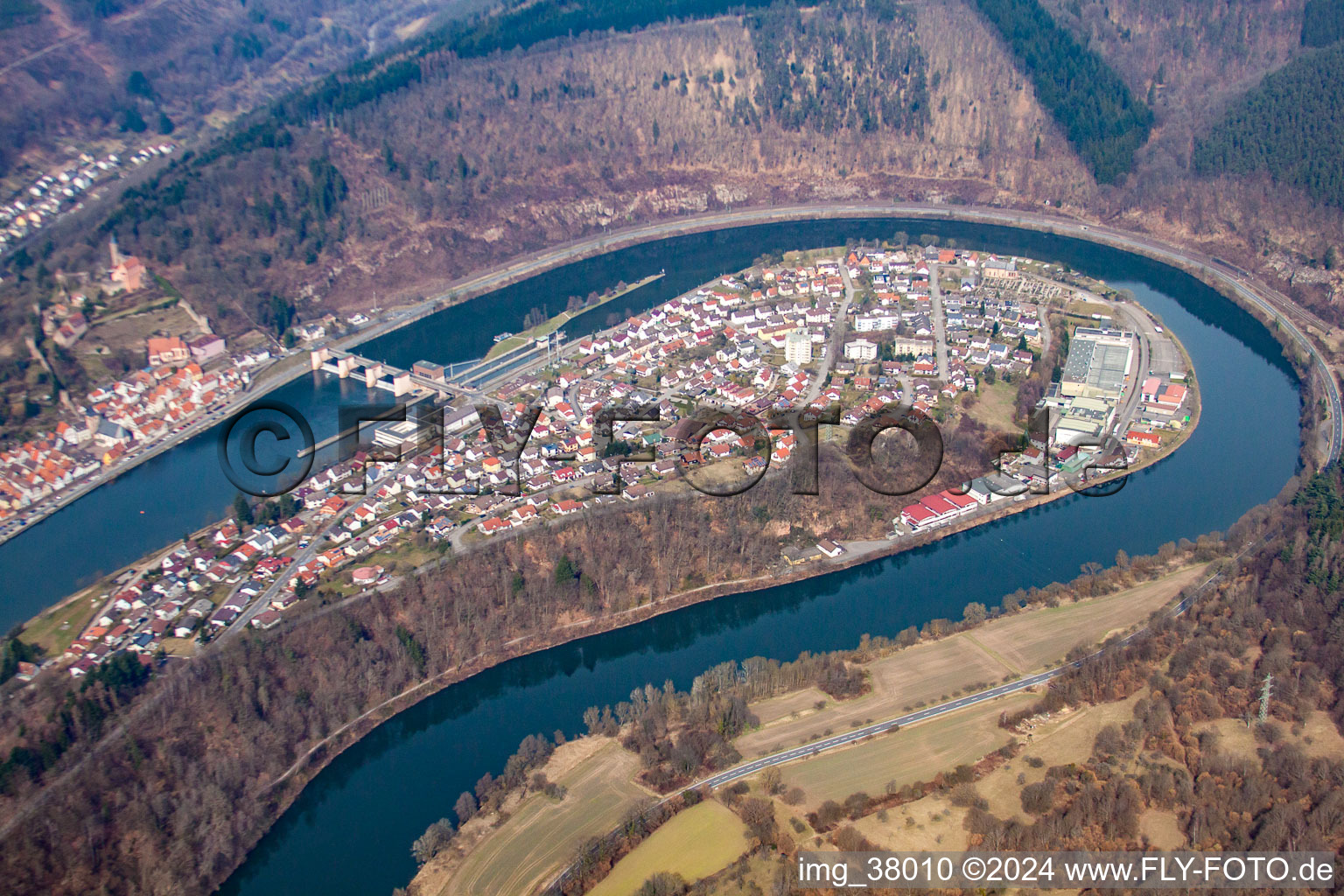 Aerial photograpy of In the Neckar loop in the district Ersheim in Hirschhorn in the state Hesse, Germany