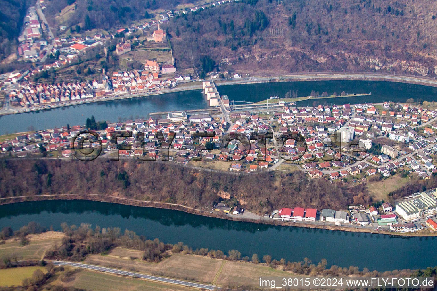 Oblique view of In the Neckar loop in the district Ersheim in Hirschhorn in the state Hesse, Germany