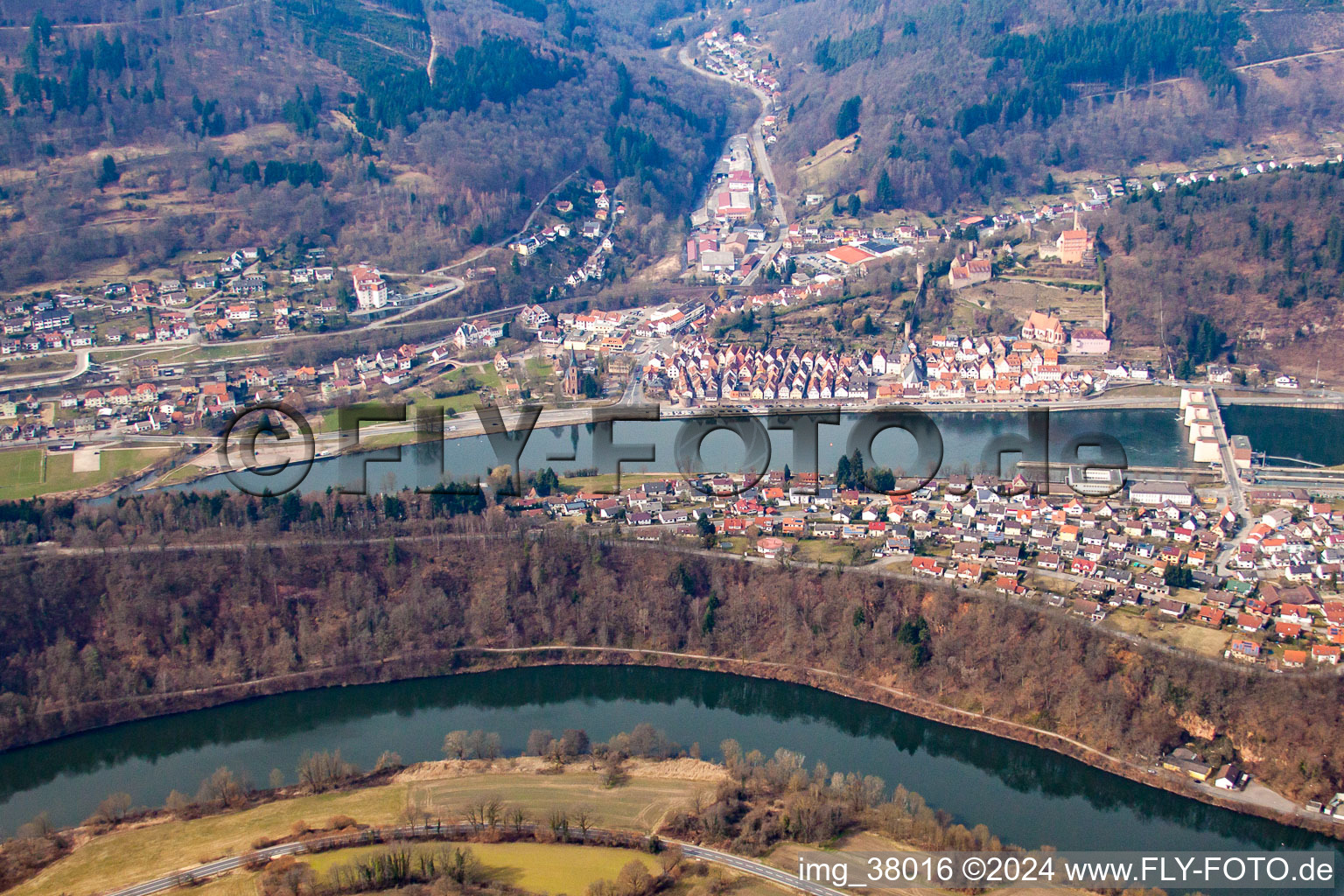 Oblique view of In the Neckar loop in the district Ersheim in Hirschhorn in the state Hesse, Germany