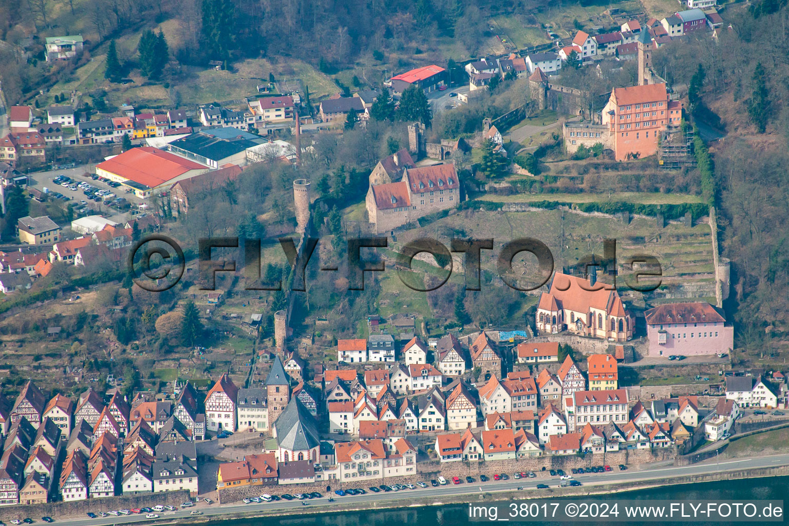 Castle Hirschhorn in Hirschhorn in the state Hesse, Germany from above