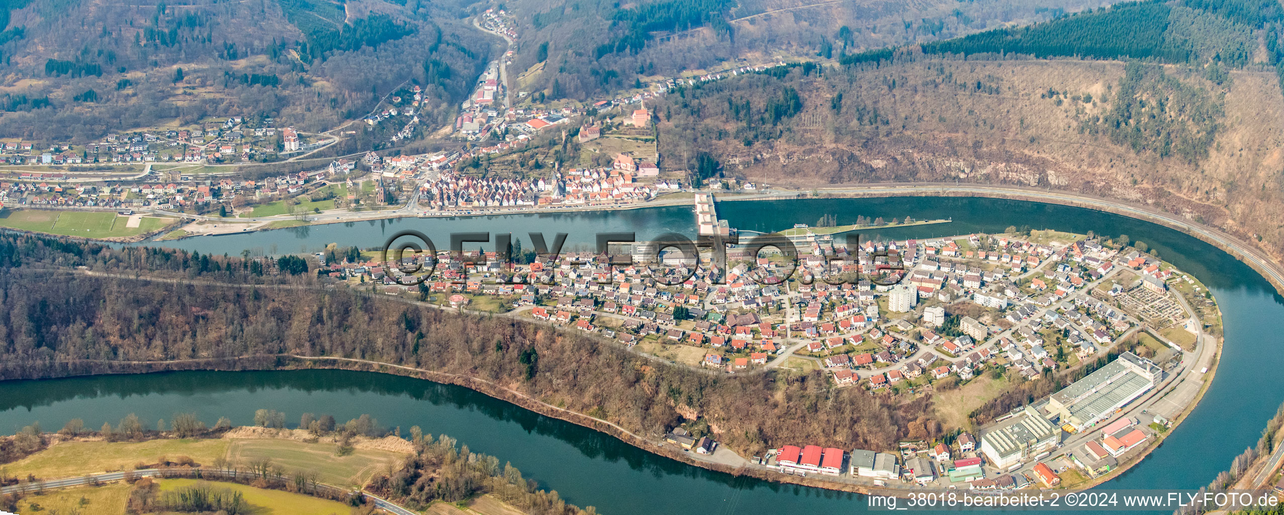 In the Neckar loop in the district Ersheim in Hirschhorn in the state Hesse, Germany from above