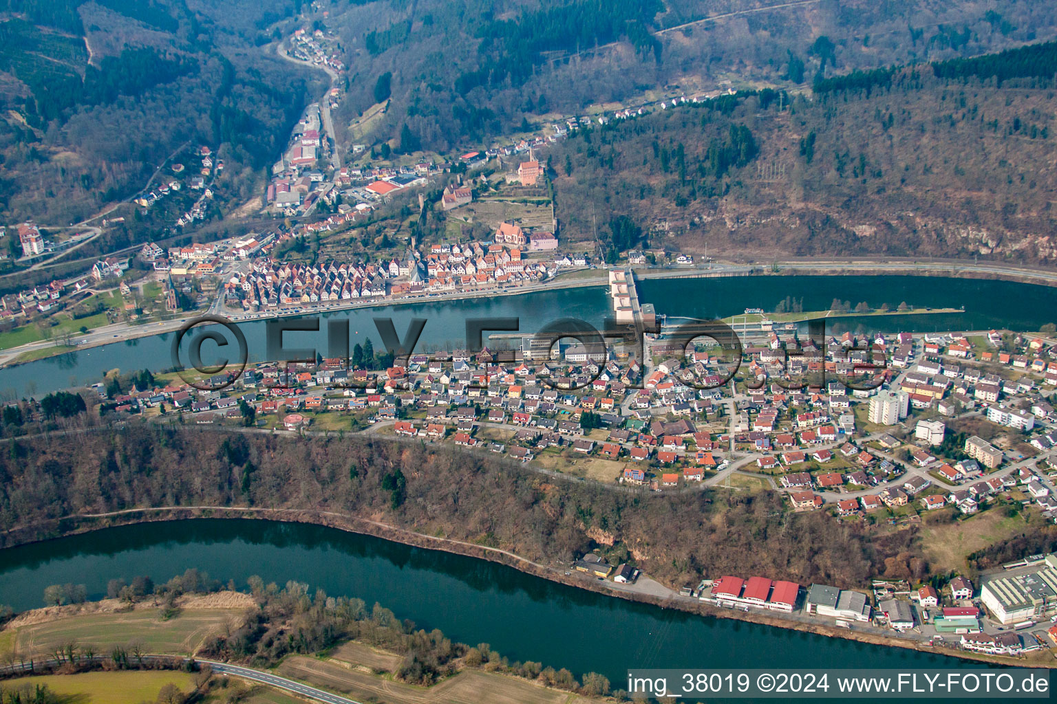 In the Neckar loop in the district Ersheim in Hirschhorn in the state Hesse, Germany seen from above