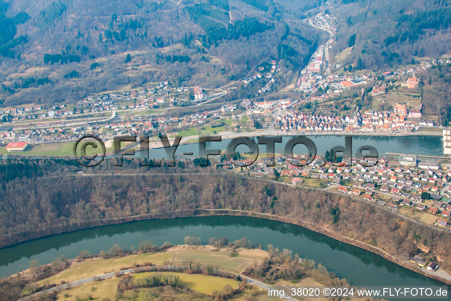 In the Neckar loop in the district Ersheim in Hirschhorn in the state Hesse, Germany from above