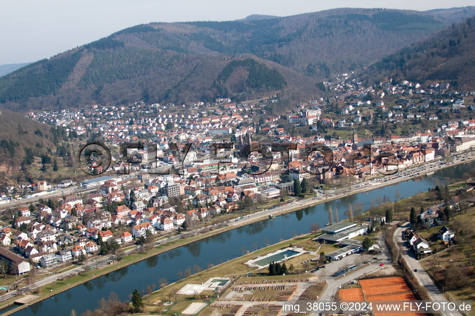 Village on the banks of the area Neckar - river course in Eberbach in the state Baden-Wurttemberg