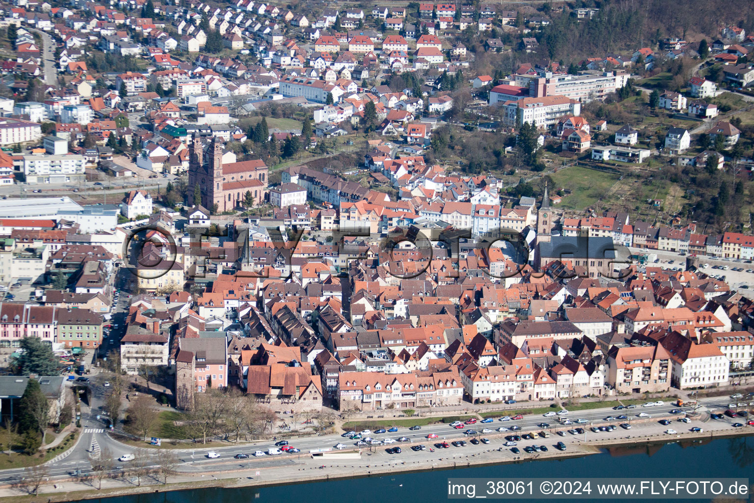 Aerial view of Village on the banks of the area Neckar - river course in Eberbach in the state Baden-Wurttemberg