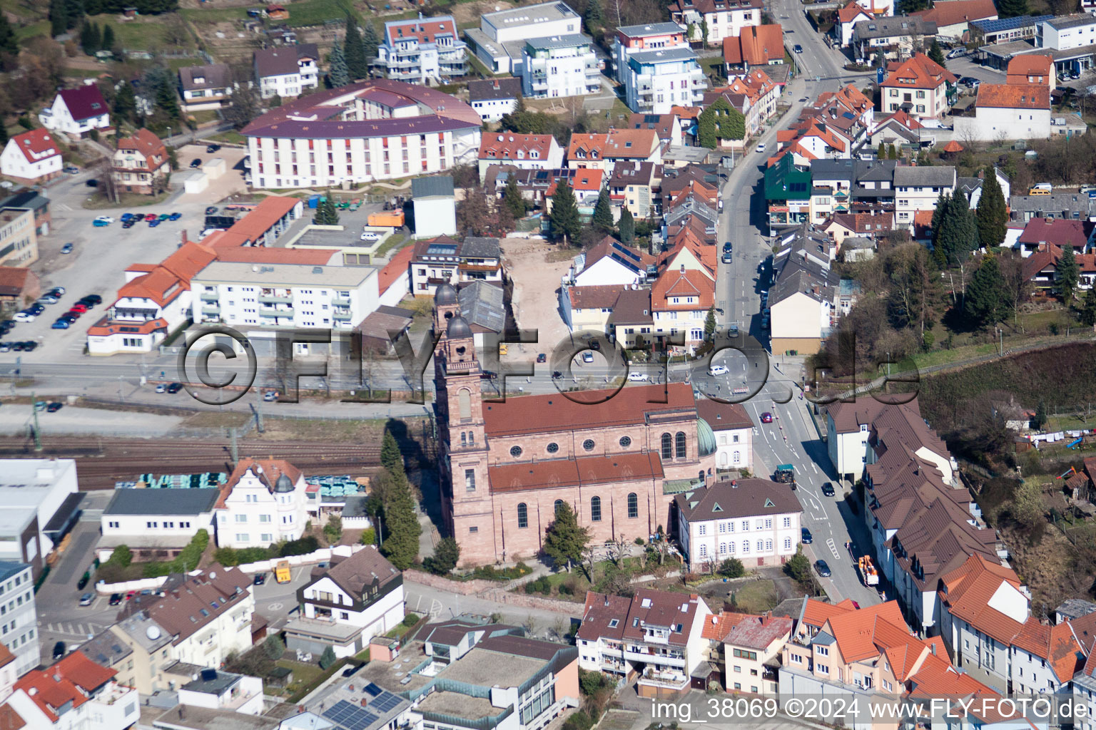 Church building of es Nepomuk Old Town- center of downtown in Eberbach in the state Baden-Wurttemberg