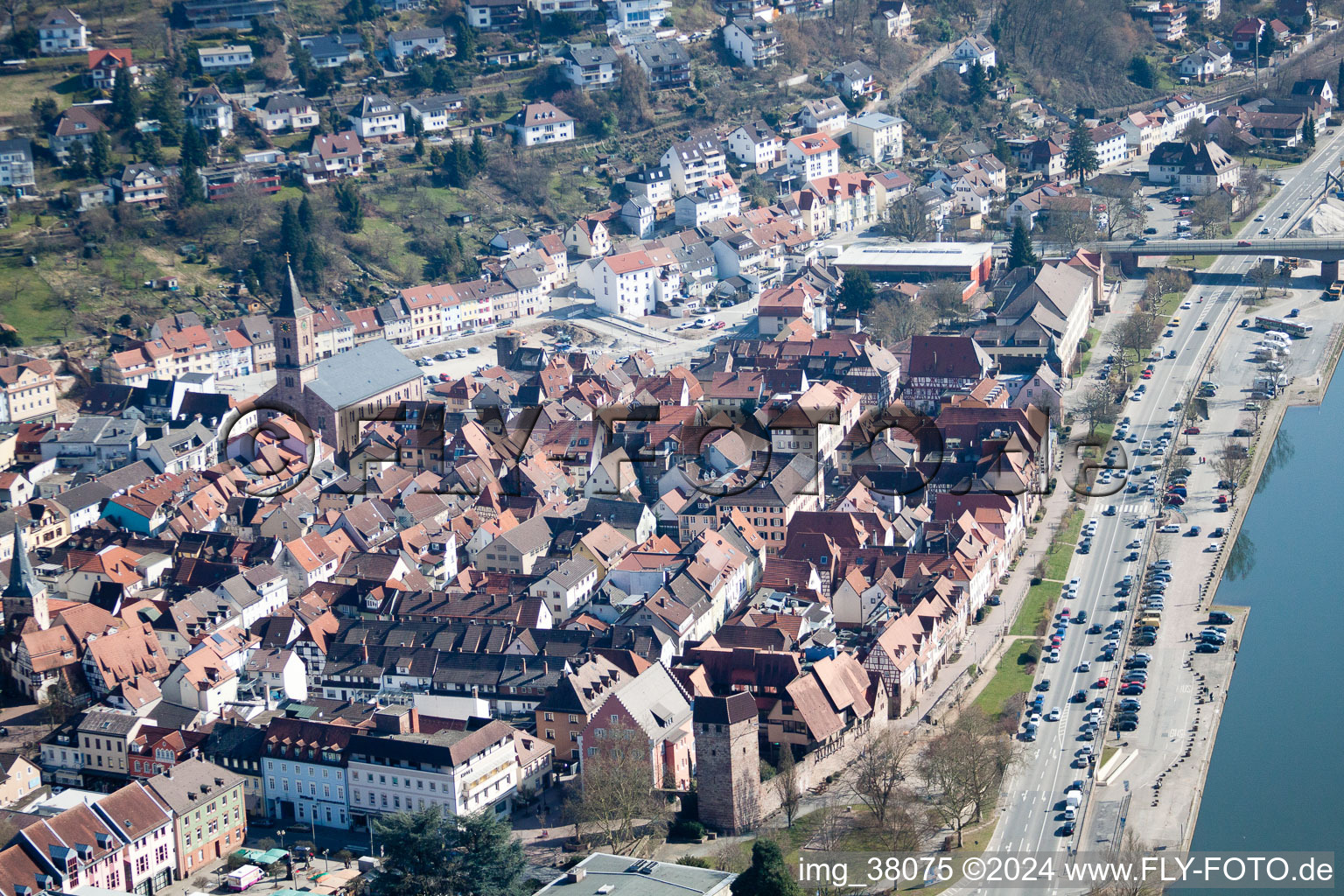 Aerial photograpy of Village on the banks of the area Neckar - river course in Eberbach in the state Baden-Wurttemberg