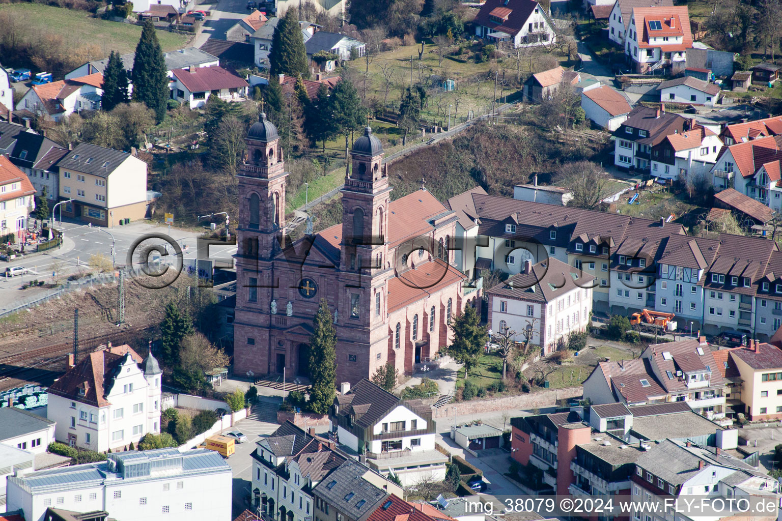 Aerial view of Church building of es Nepomuk Old Town- center of downtown in Eberbach in the state Baden-Wurttemberg