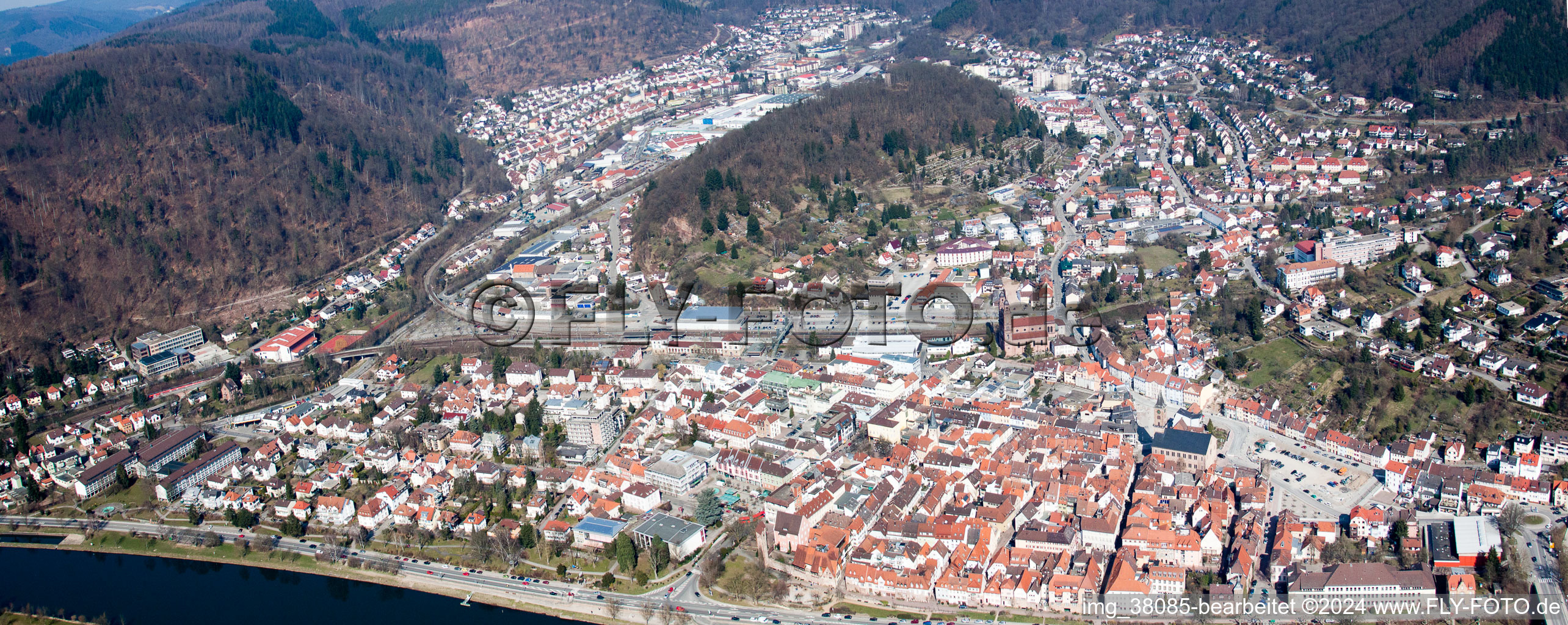 Aerial view of Panoramic perspective of Village on the banks of the area Neckar - river course in Eberbach in the state Baden-Wurttemberg