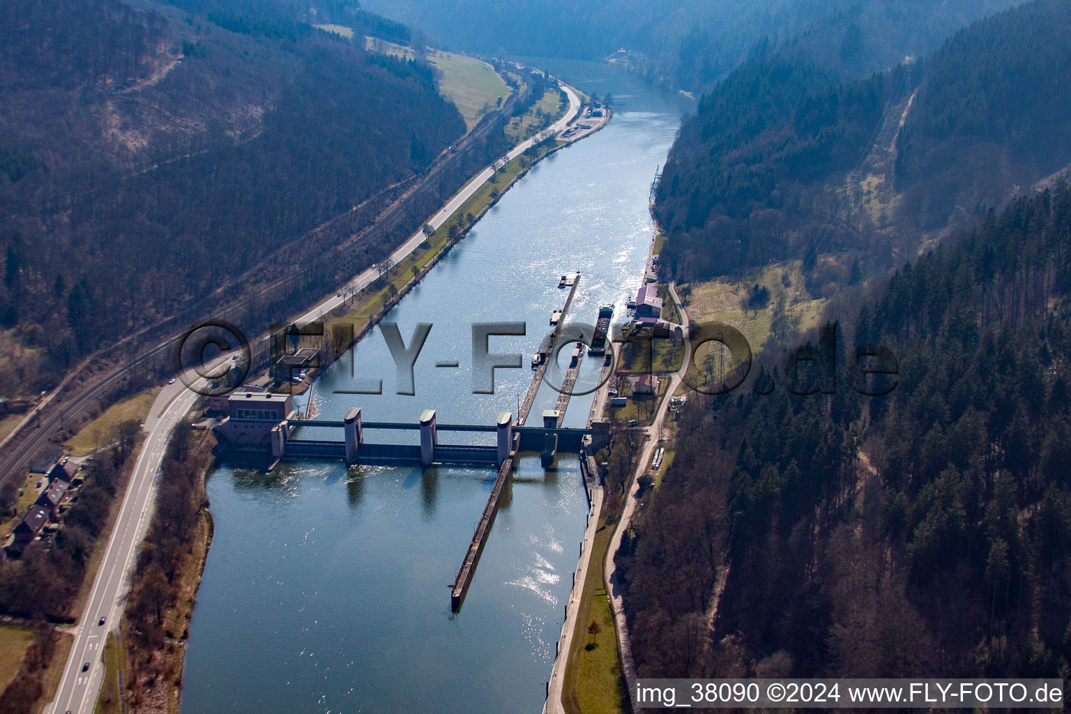 Neckar barrage and lock Rockenau in the district Rockenau in Eberbach in the state Baden-Wuerttemberg, Germany