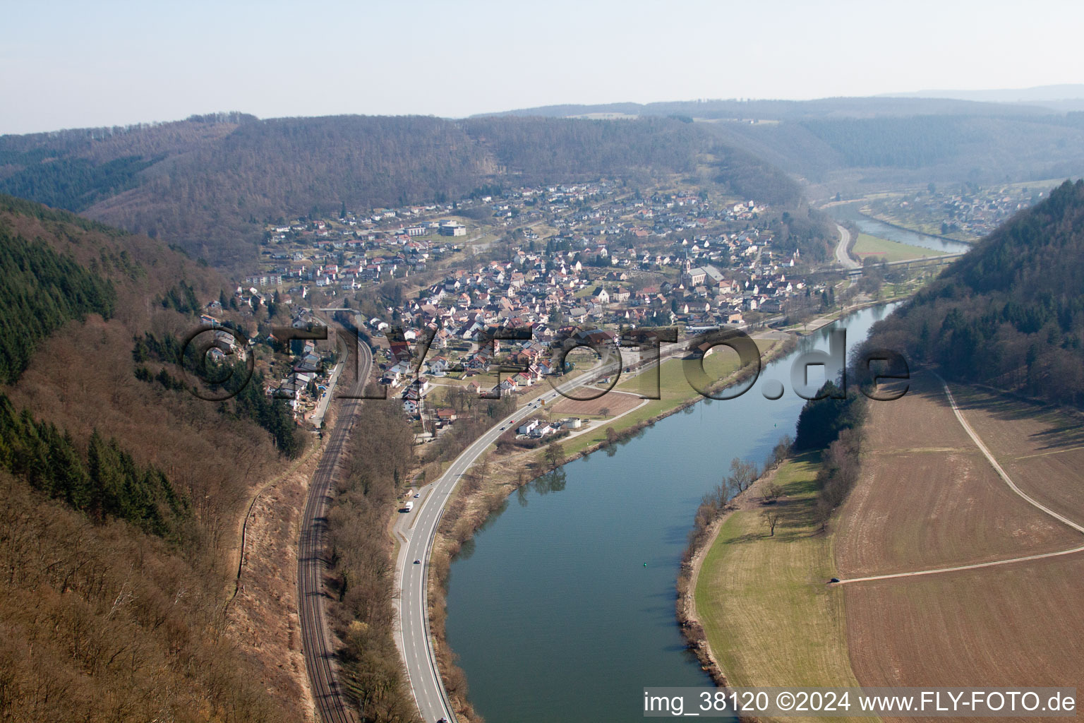 Bird's eye view of Neckargerach in the state Baden-Wuerttemberg, Germany