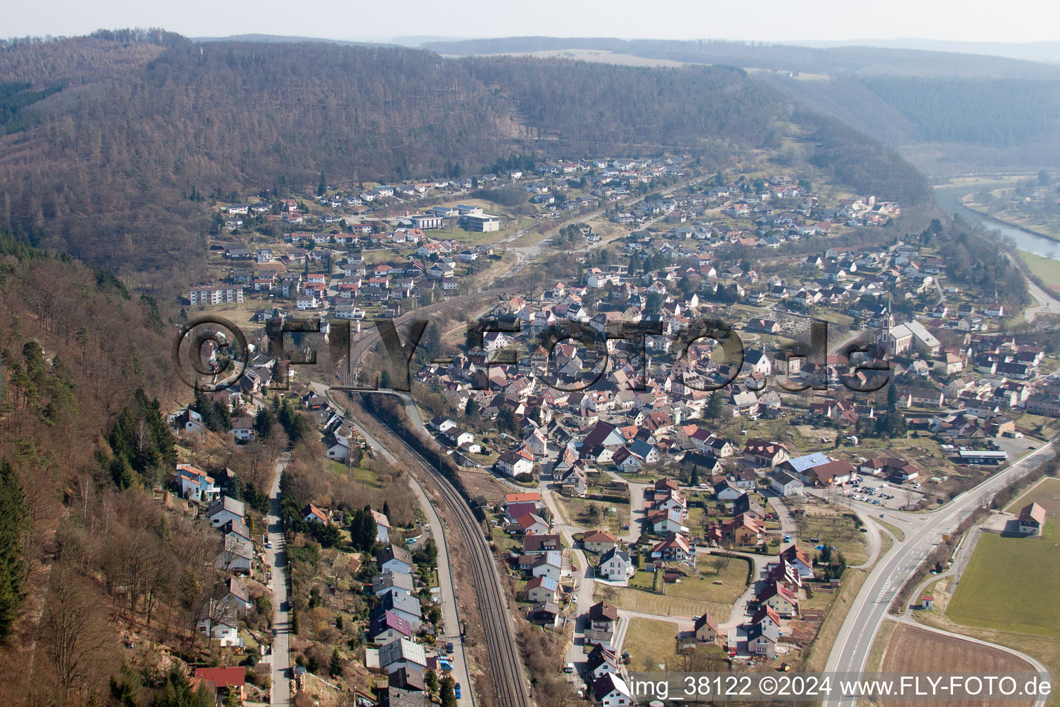 Drone recording of Neckargerach in the state Baden-Wuerttemberg, Germany