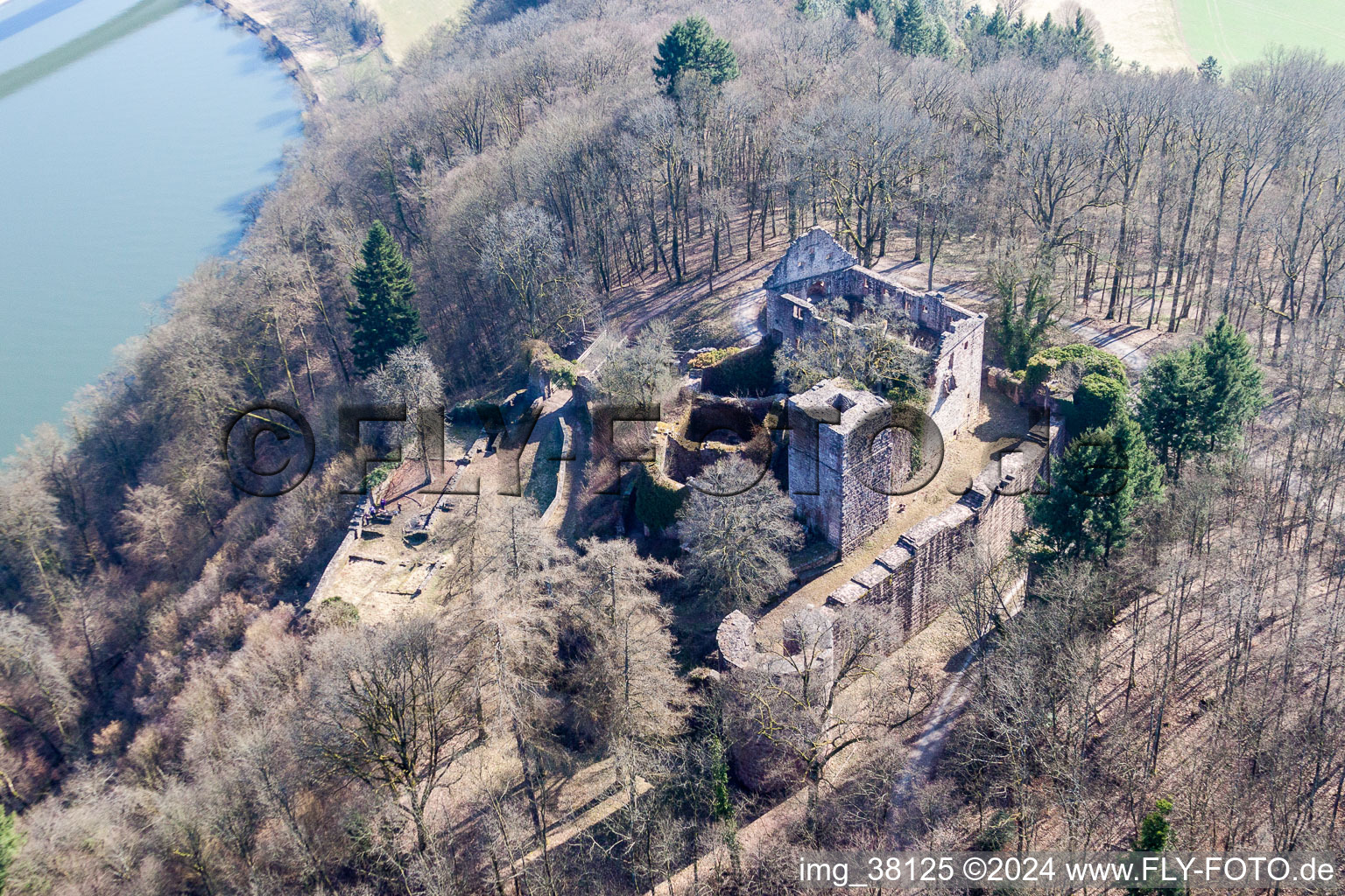 Ruins and remains of the walls of the former castle and fortress Minneburg above the Neckar in the district Neckarkatzenbach in Neunkirchen in the state Baden-Wuerttemberg, Germany