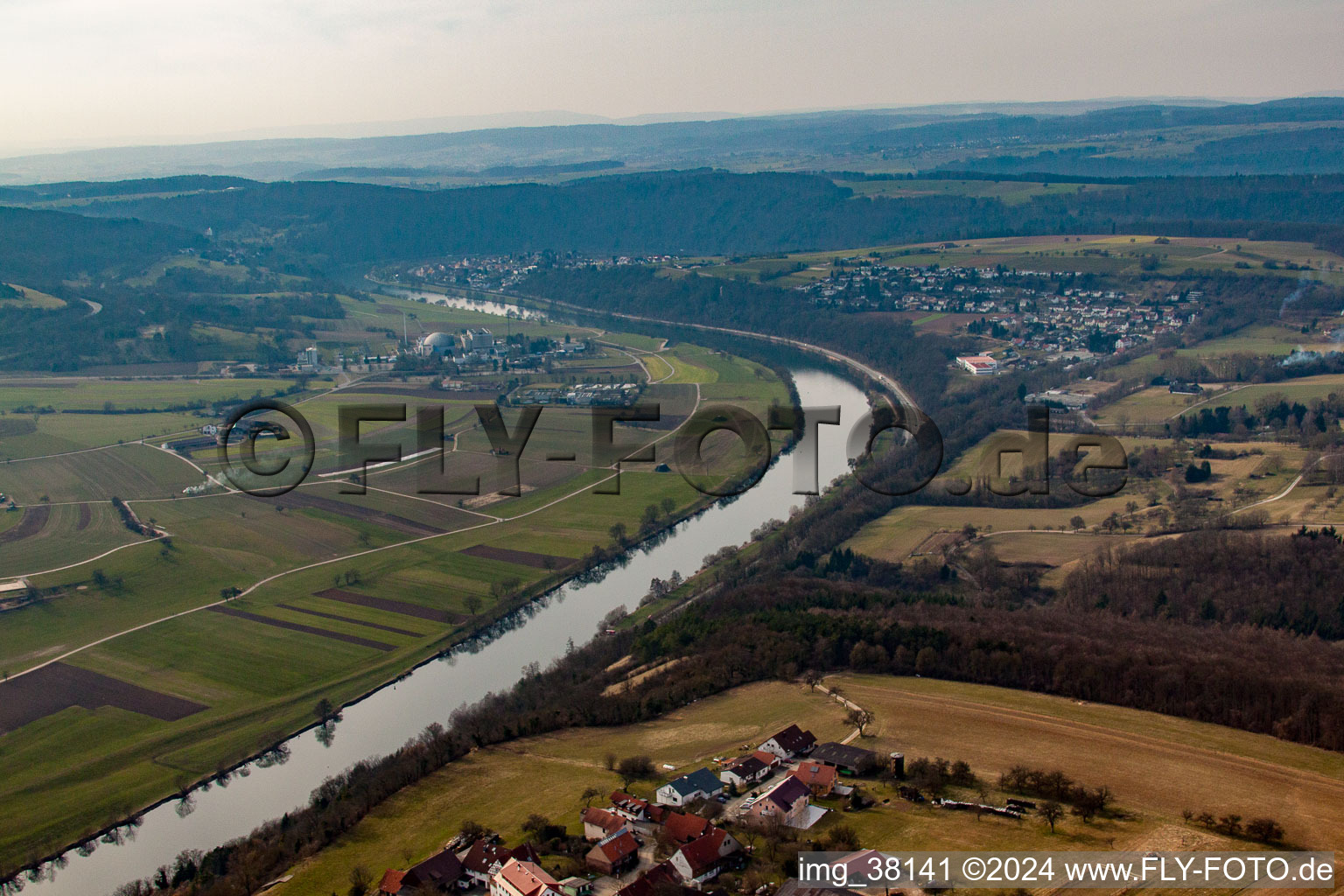 Place on the Neckar opposite the Neckarwestheim nuclear power plant in Binau in the state Baden-Wuerttemberg, Germany