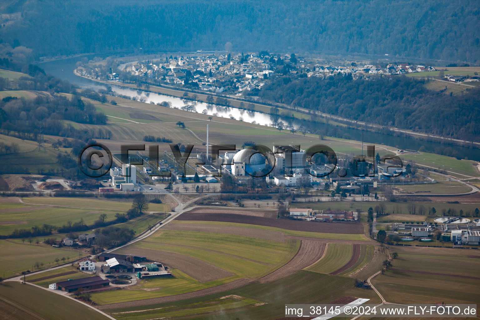 Aerial view of Nuclear power plant Obrigheim - still online in Obrigheim in the state Baden-Wuerttemberg, Germany