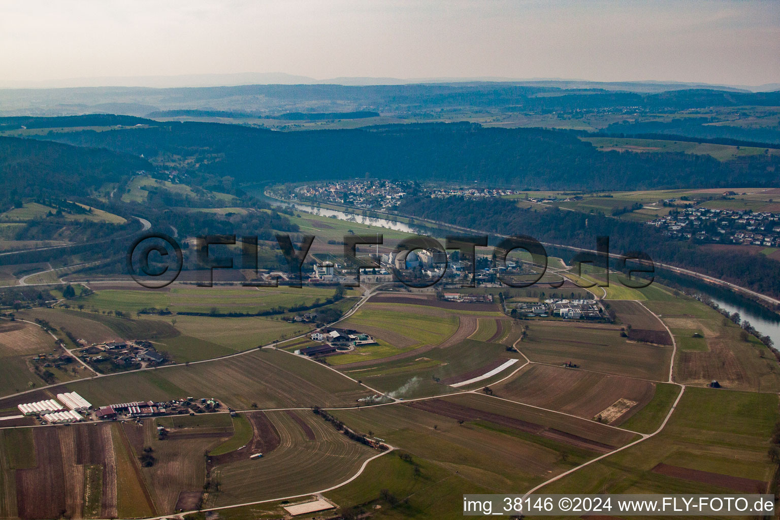 Aerial photograpy of Nuclear power plant Obrigheim - still online in Obrigheim in the state Baden-Wuerttemberg, Germany