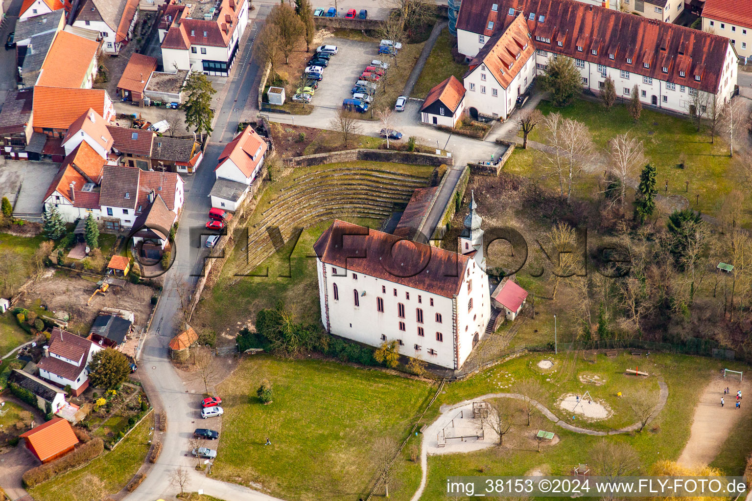 Aerial view of Churches building the chapel Tempelhaus Neckarelz in the district Neckarelz in Mosbach in the state Baden-Wurttemberg